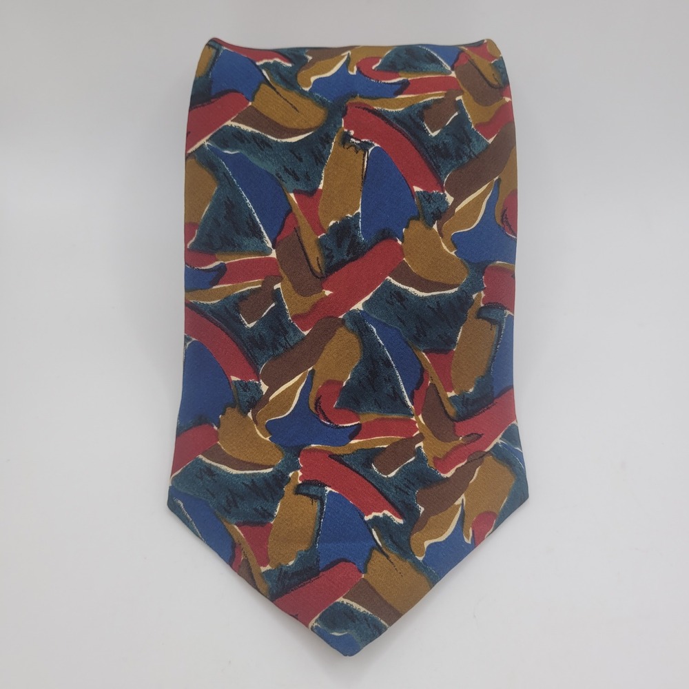 VTG Christian Dior Tie Blue Red Abstract Print Silk Necktie USA Designer Retro